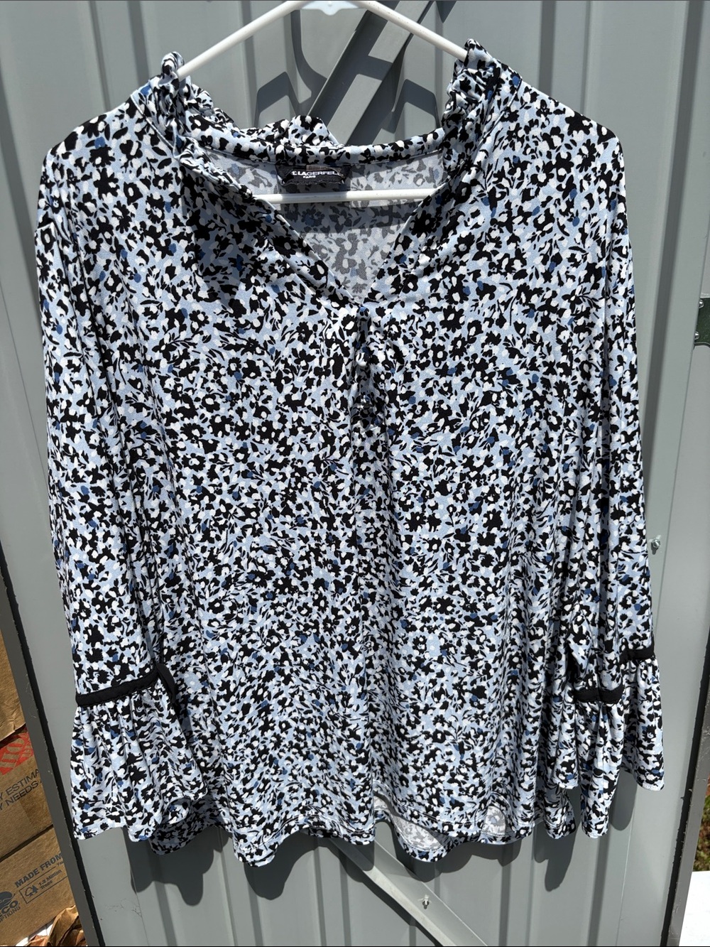 Karl Lagerfeld Light Blue and Black Floral Tie-Neck Blouse